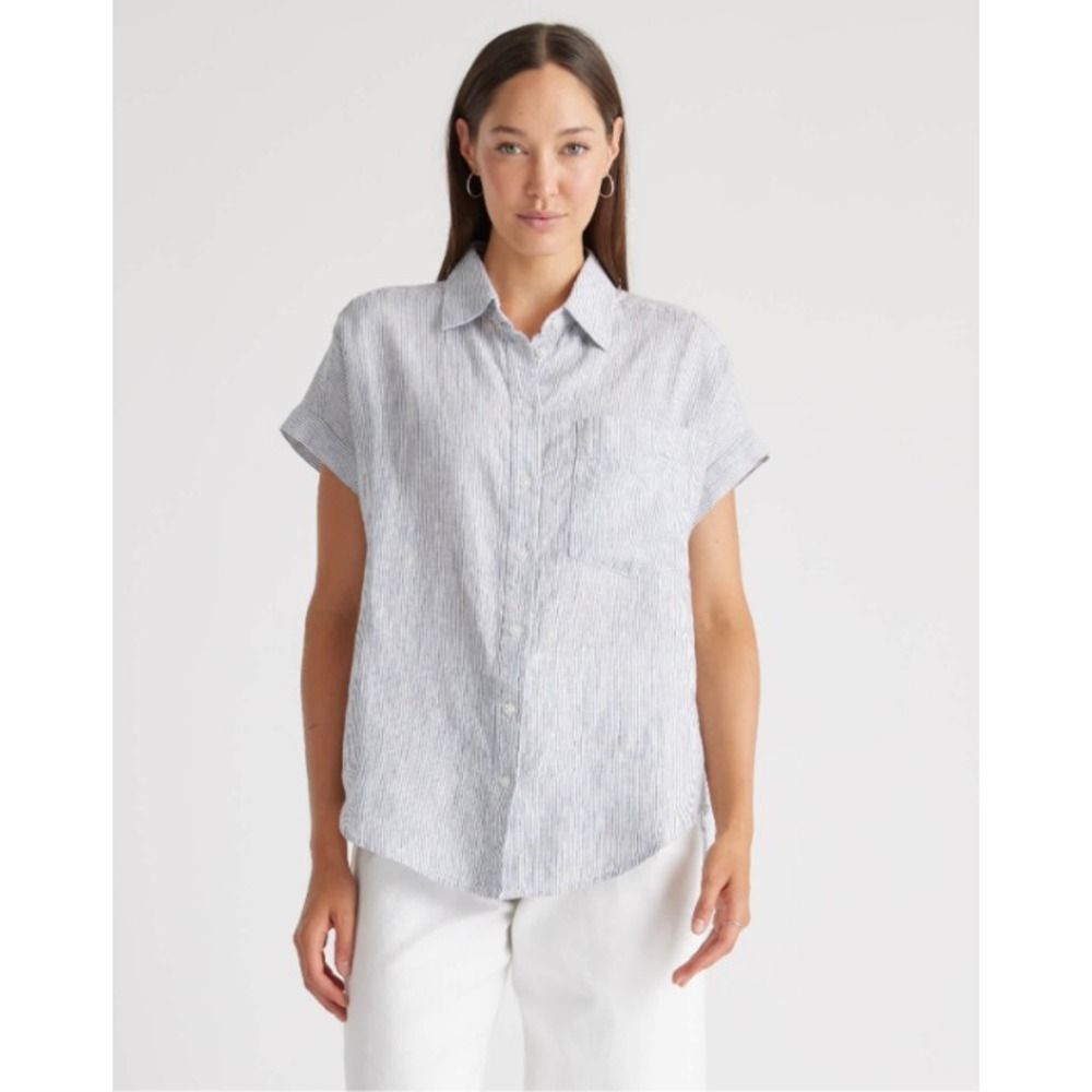 Quince Womens 100% European Linen Camp Shirt Blue Pinstripe Relaxed Fit Medium